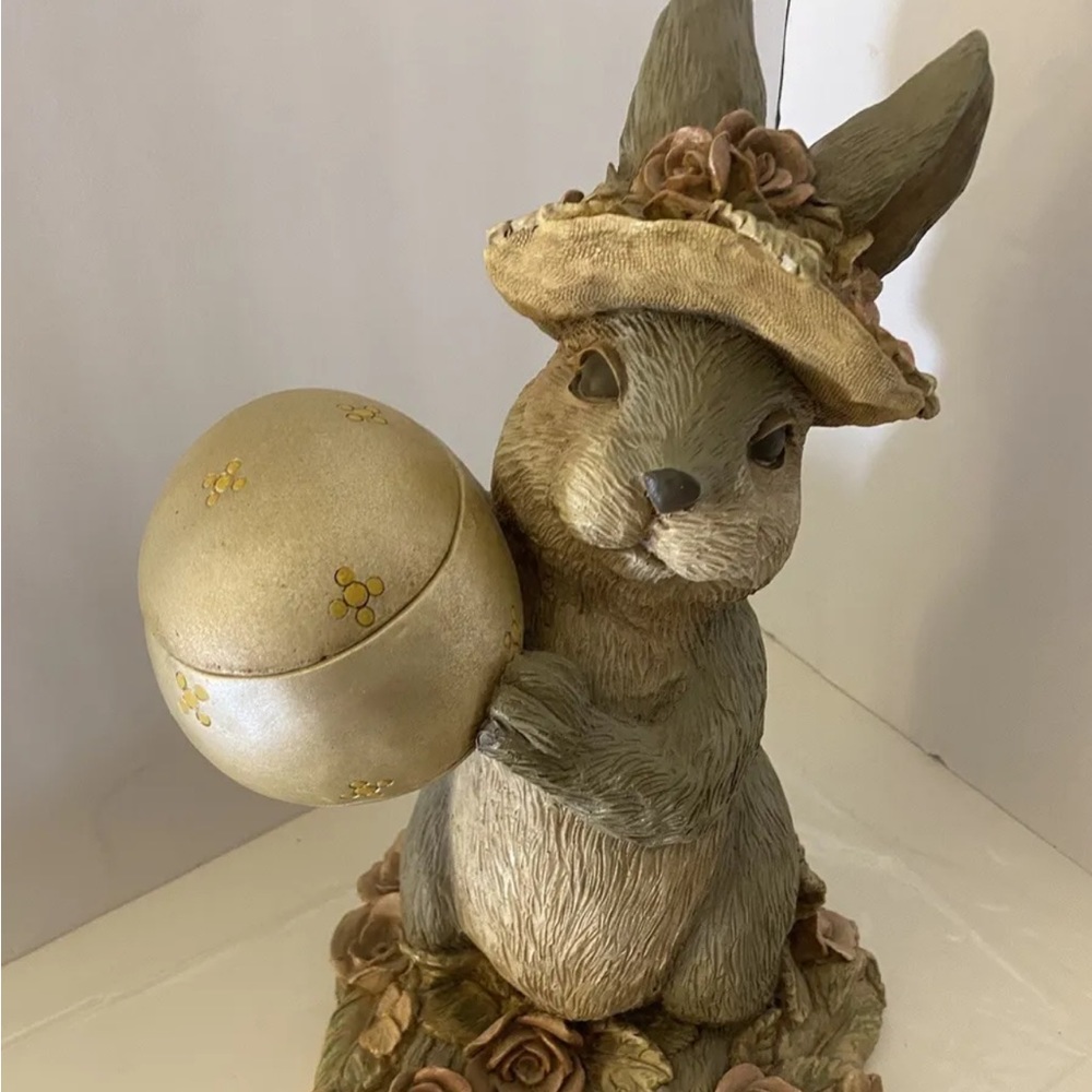 Victorian Bunny by Henri Studio Figurine Holding Egg With Floral Hat & Base Rare